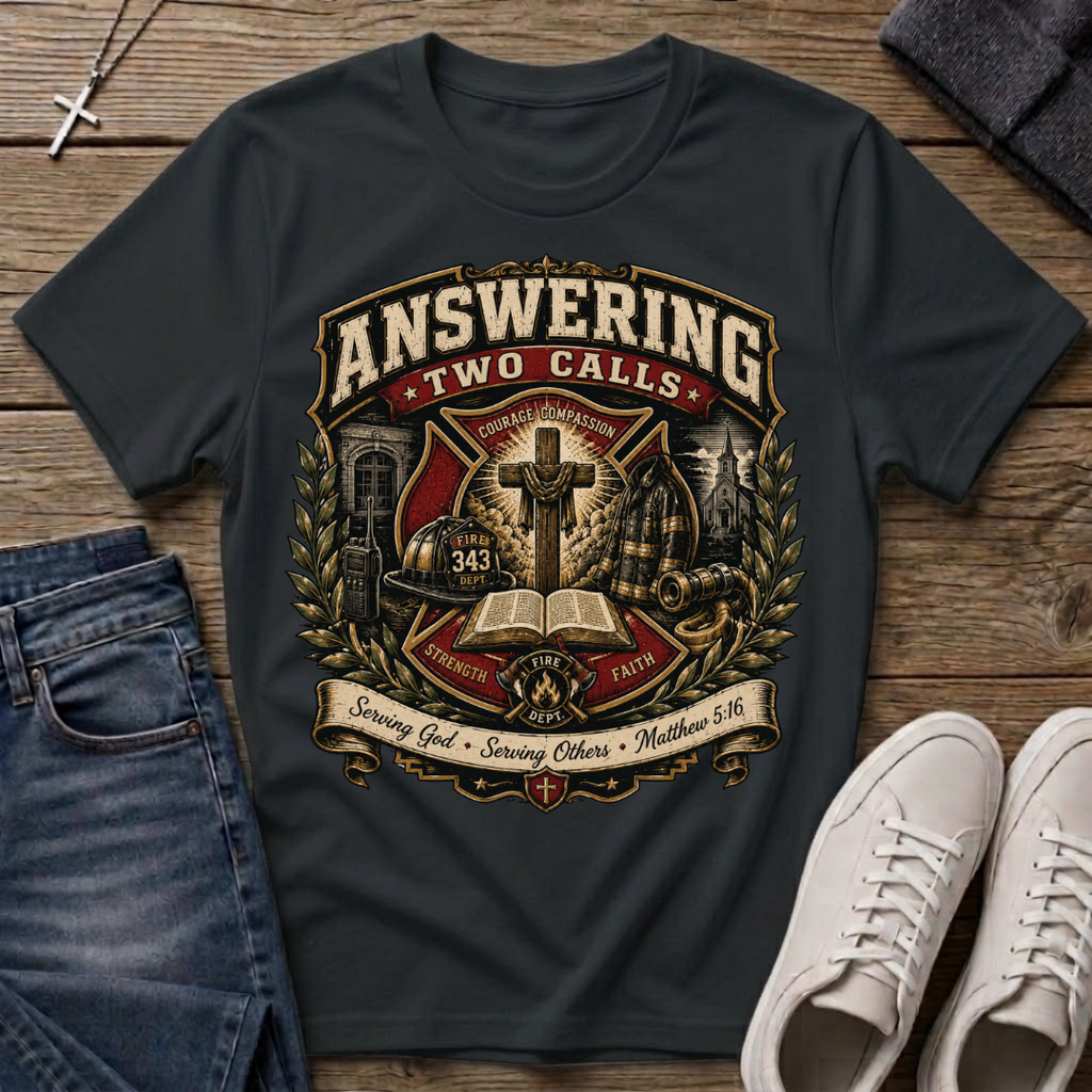 Answering Two Calls Matthew 5:16 Firefighter T-Shirt