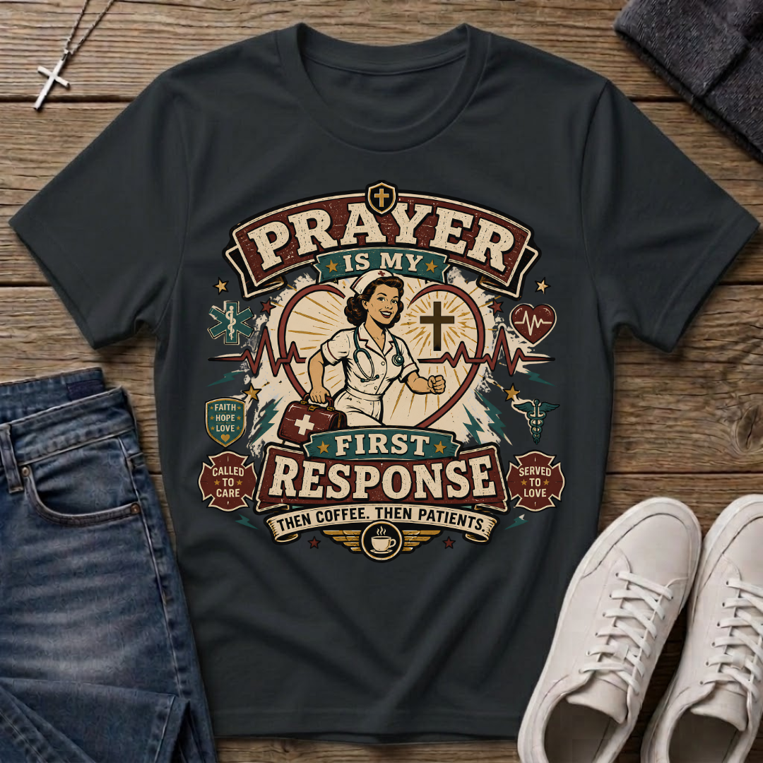 Prayer Is My First Response Christian Nurse T-Shirt