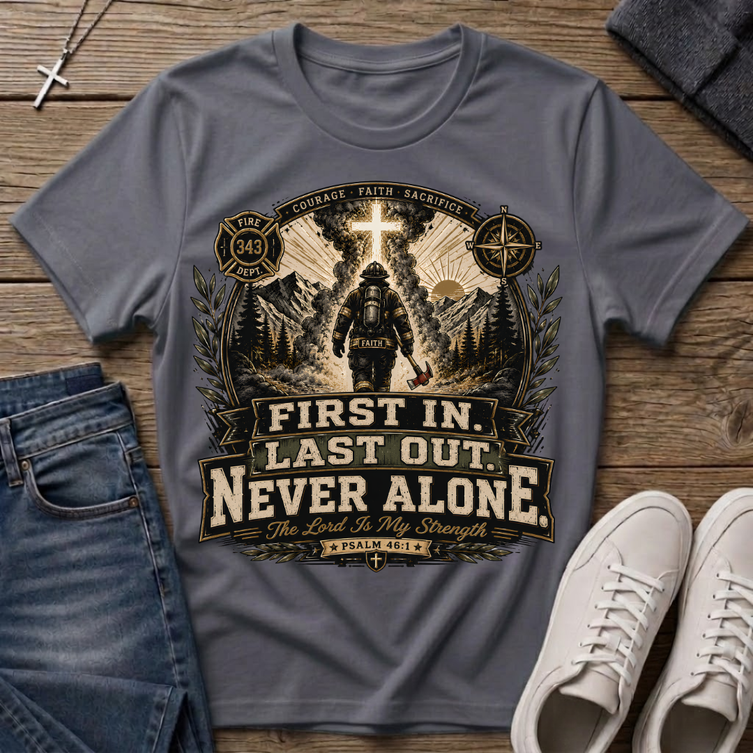 First In Last Out Never Alone Christian Firefighter T-Shirt