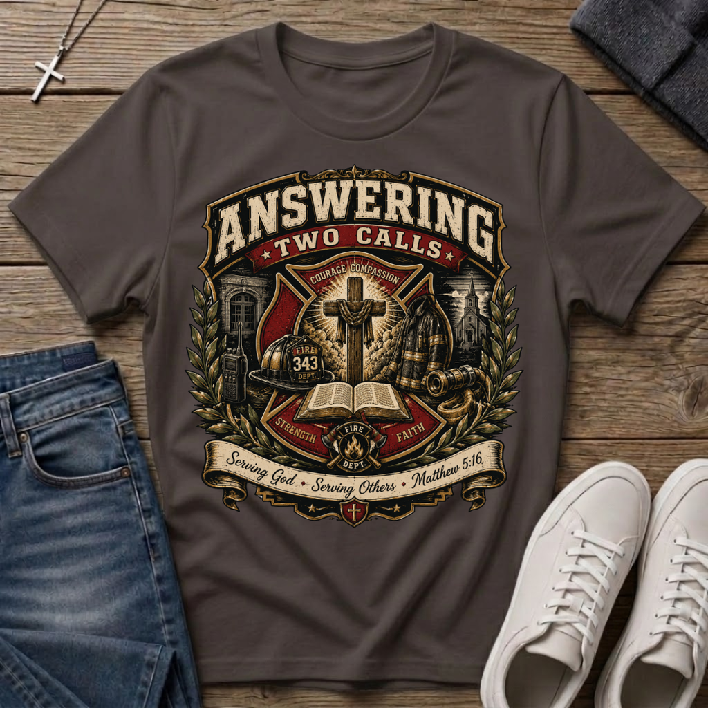 Answering Two Calls Matthew 5:16 Firefighter T-Shirt