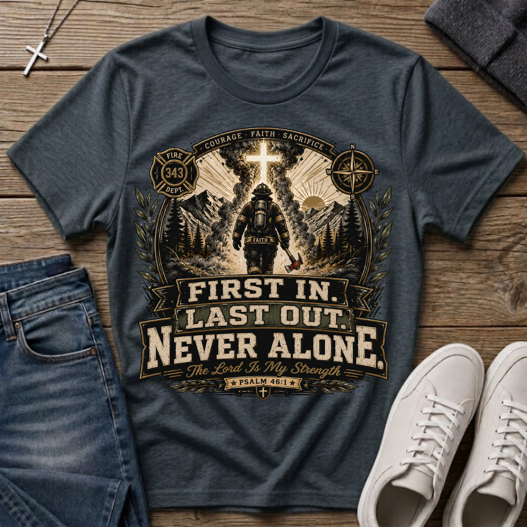 First In Last Out Never Alone Christian Firefighter T-Shirt