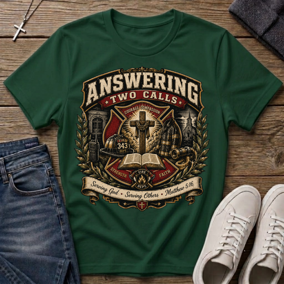 Answering Two Calls Matthew 5:16 Firefighter T-Shirt