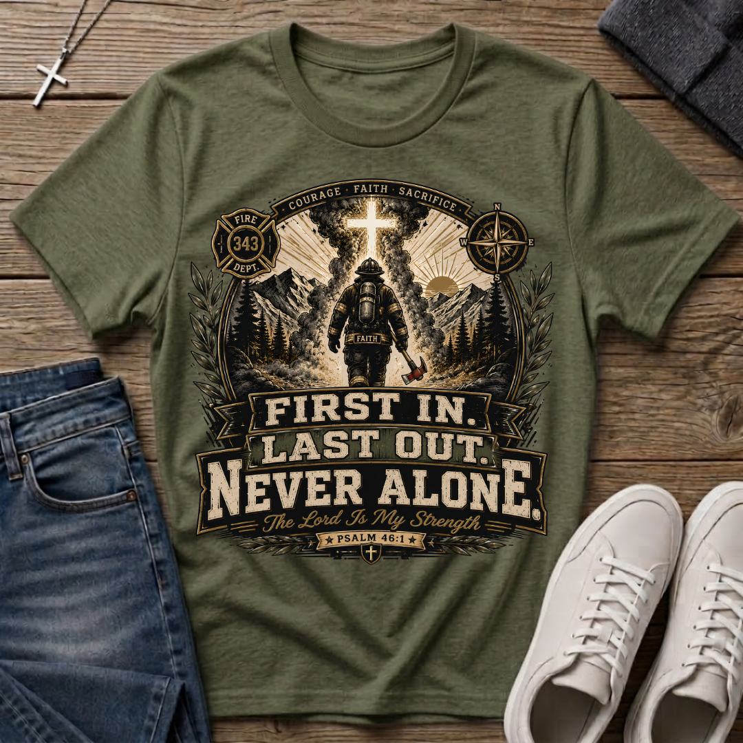 First In Last Out Never Alone Christian Firefighter T-Shirt