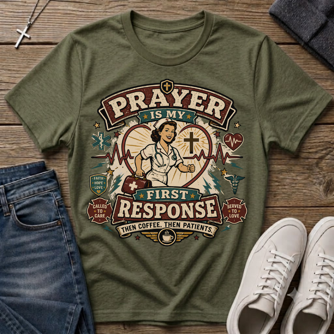 Prayer Is My First Response Christian Nurse T-Shirt