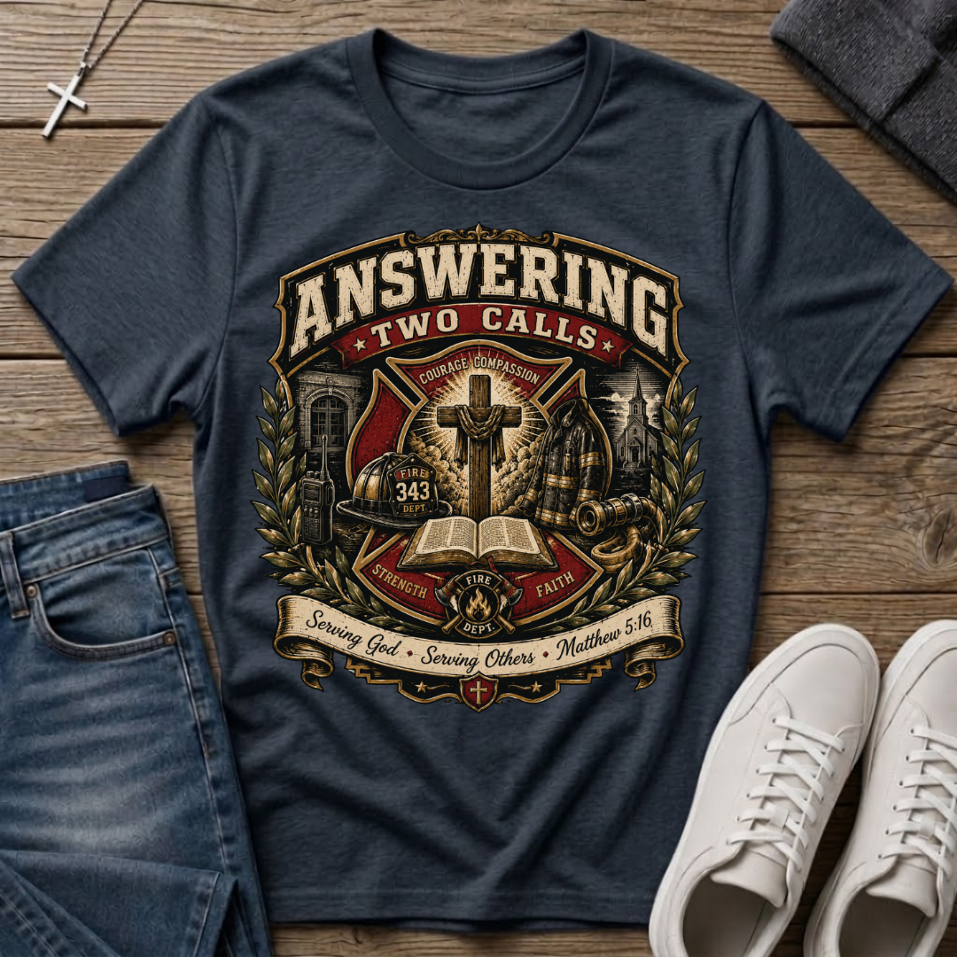 Answering Two Calls Matthew 5:16 Firefighter T-Shirt
