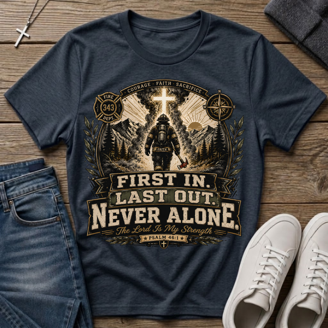 First In Last Out Never Alone Christian Firefighter T-Shirt