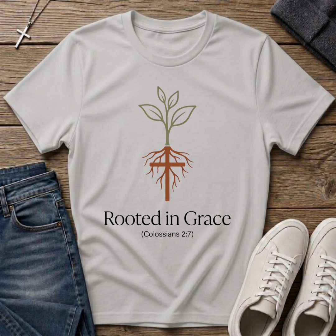 Rooted in Grace Colossians 2:7 Christian T-Shirt