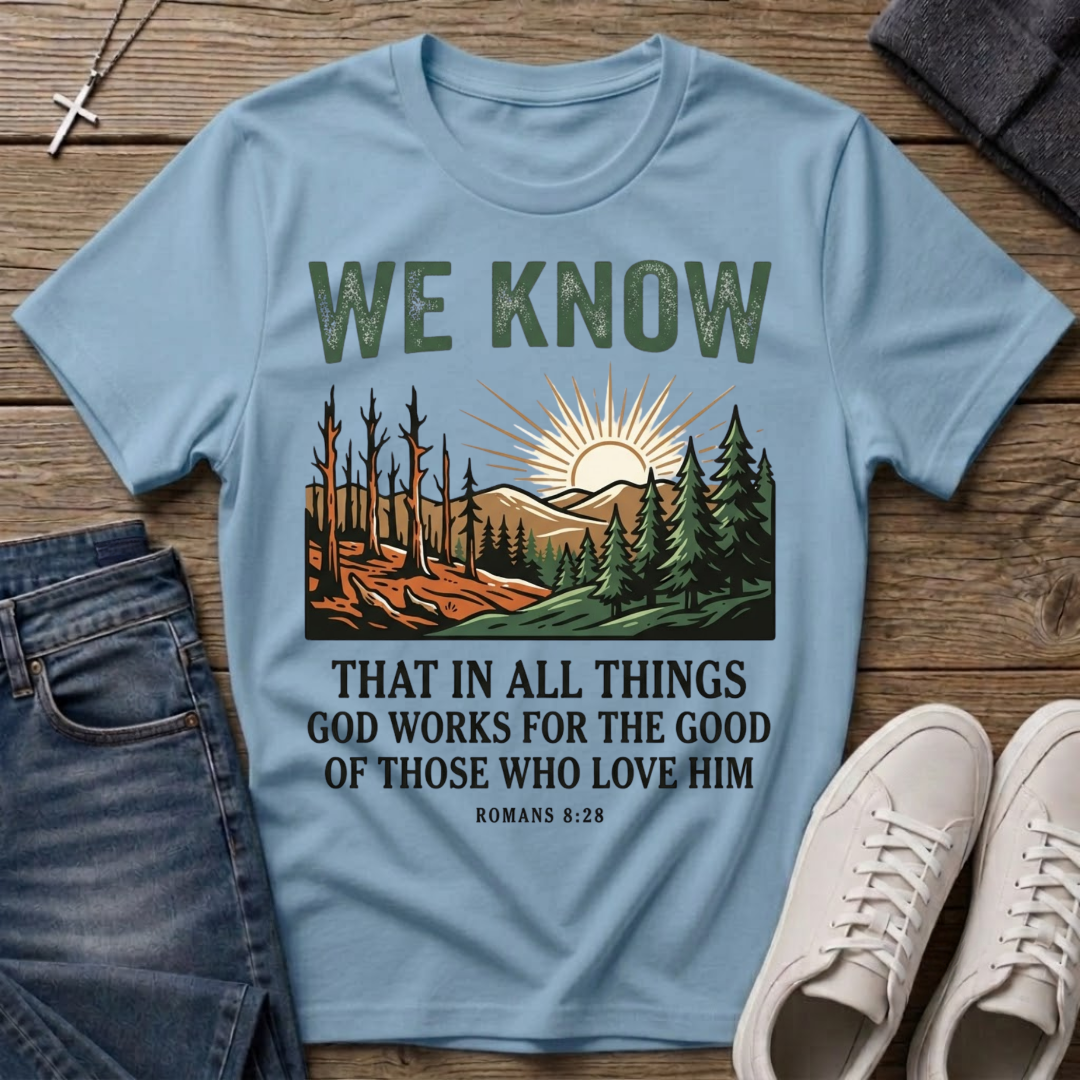 We Know Sunrise Wilderness Romans 8:28 T-Shirt