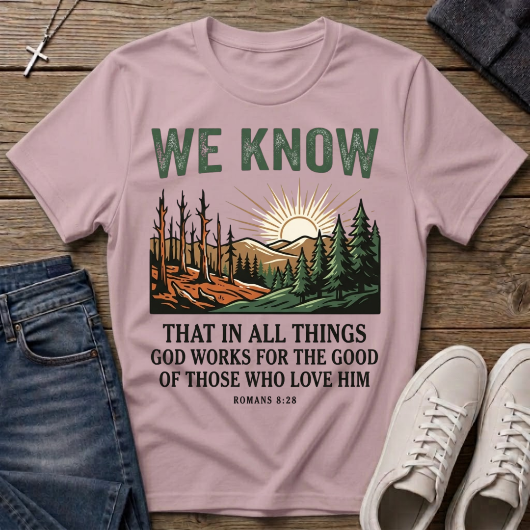 We Know Sunrise Wilderness Romans 8:28 T-Shirt