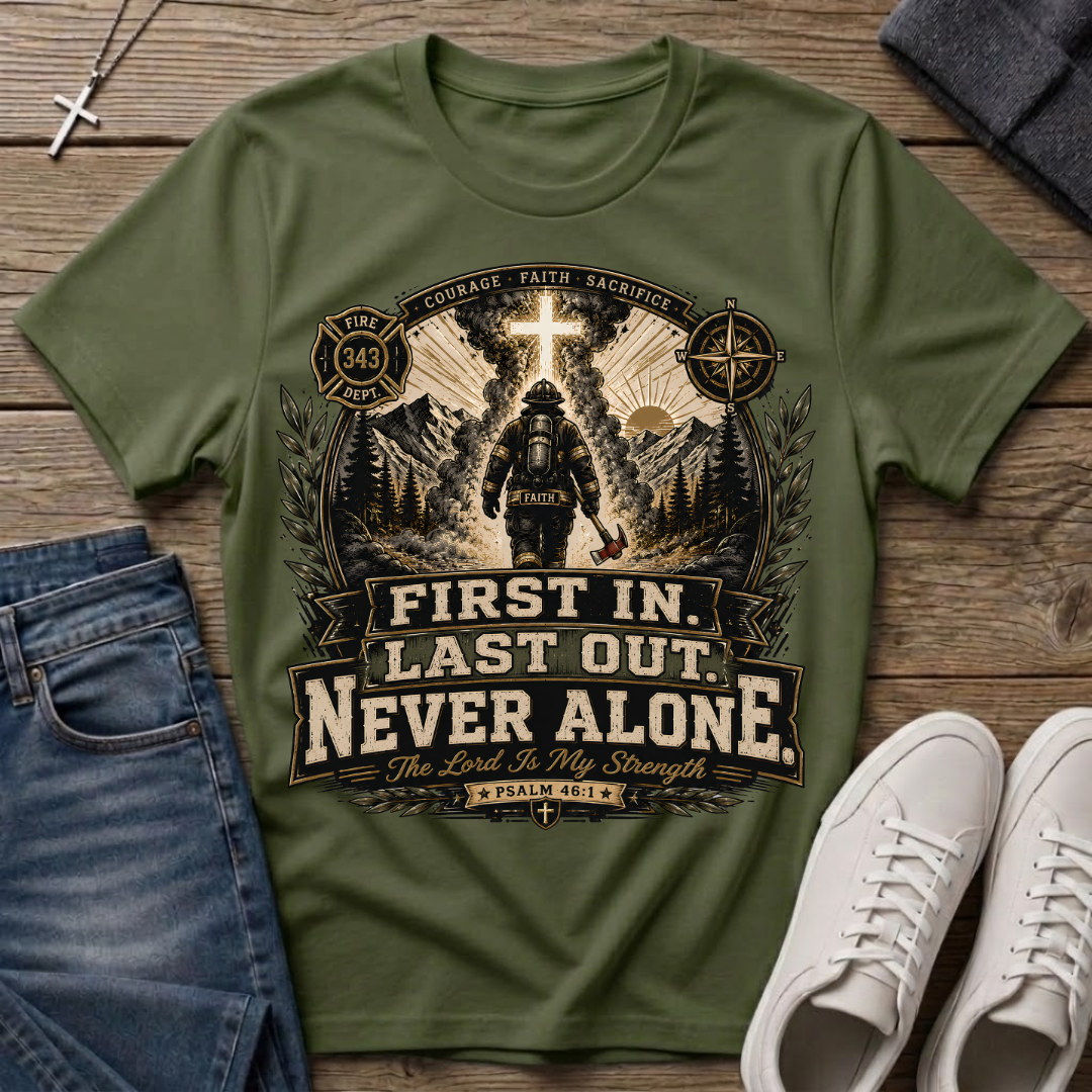 First In Last Out Never Alone Christian Firefighter T-Shirt