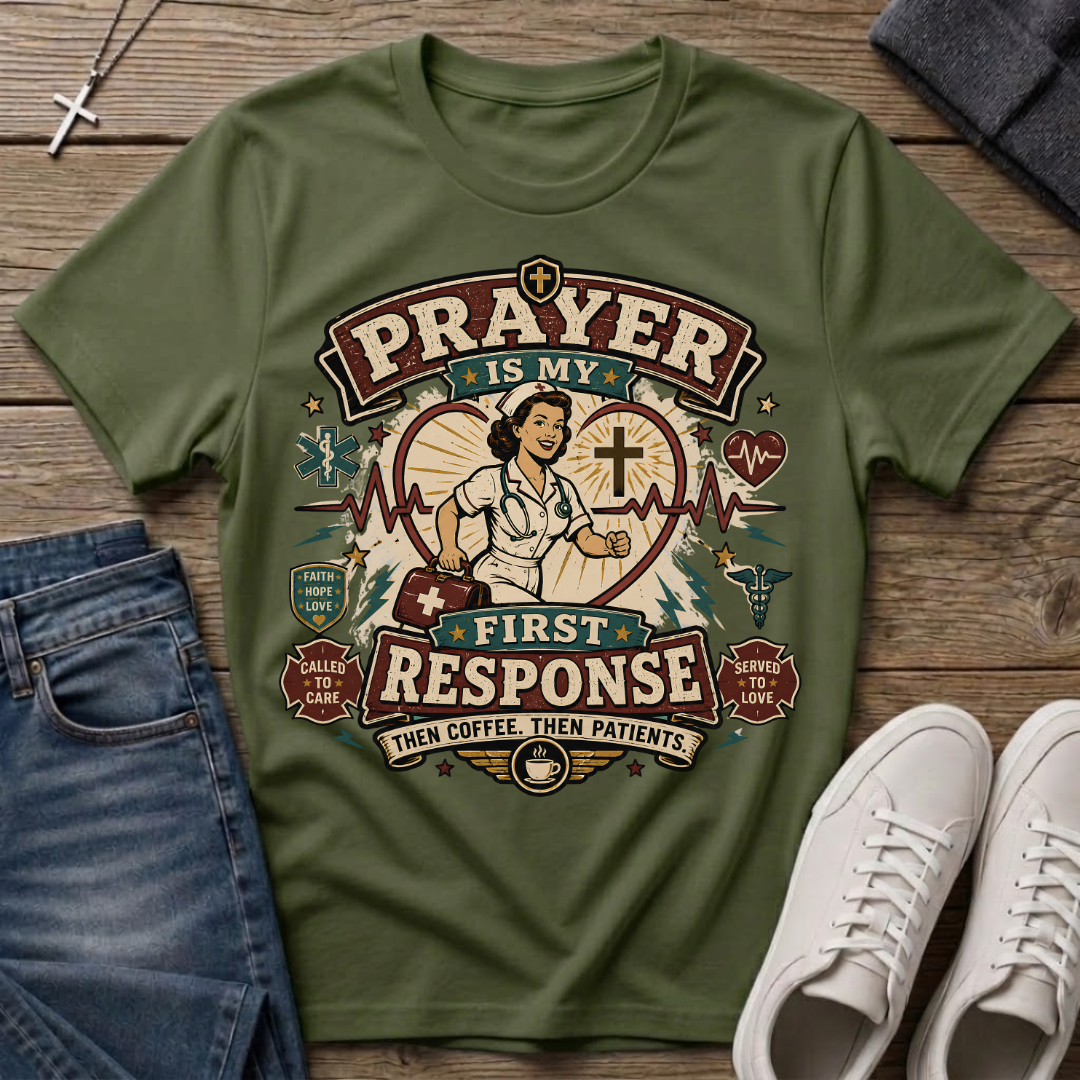 Prayer Is My First Response Christian Nurse T-Shirt
