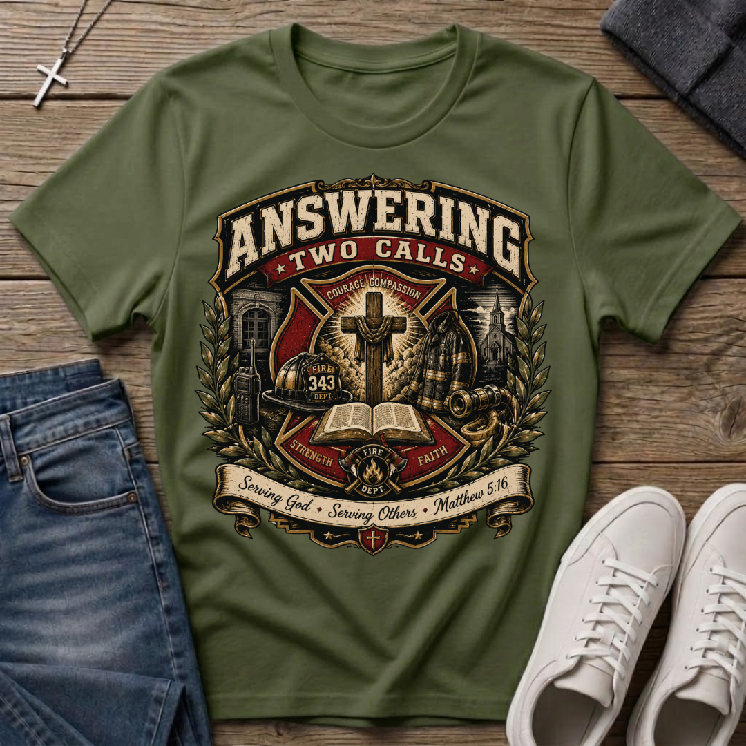 Answering Two Calls Matthew 5:16 Firefighter T-Shirt