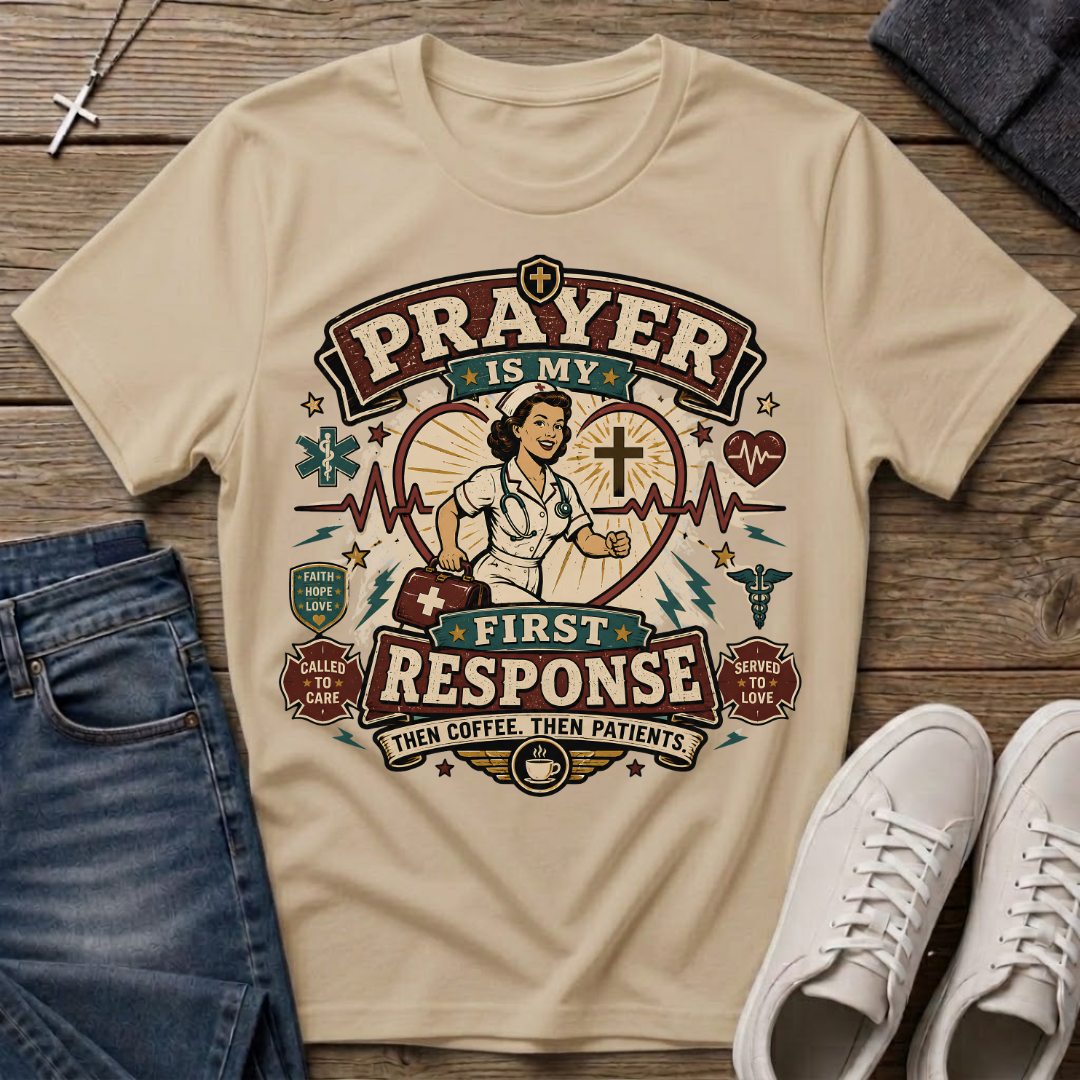 Prayer Is My First Response Christian Nurse T-Shirt