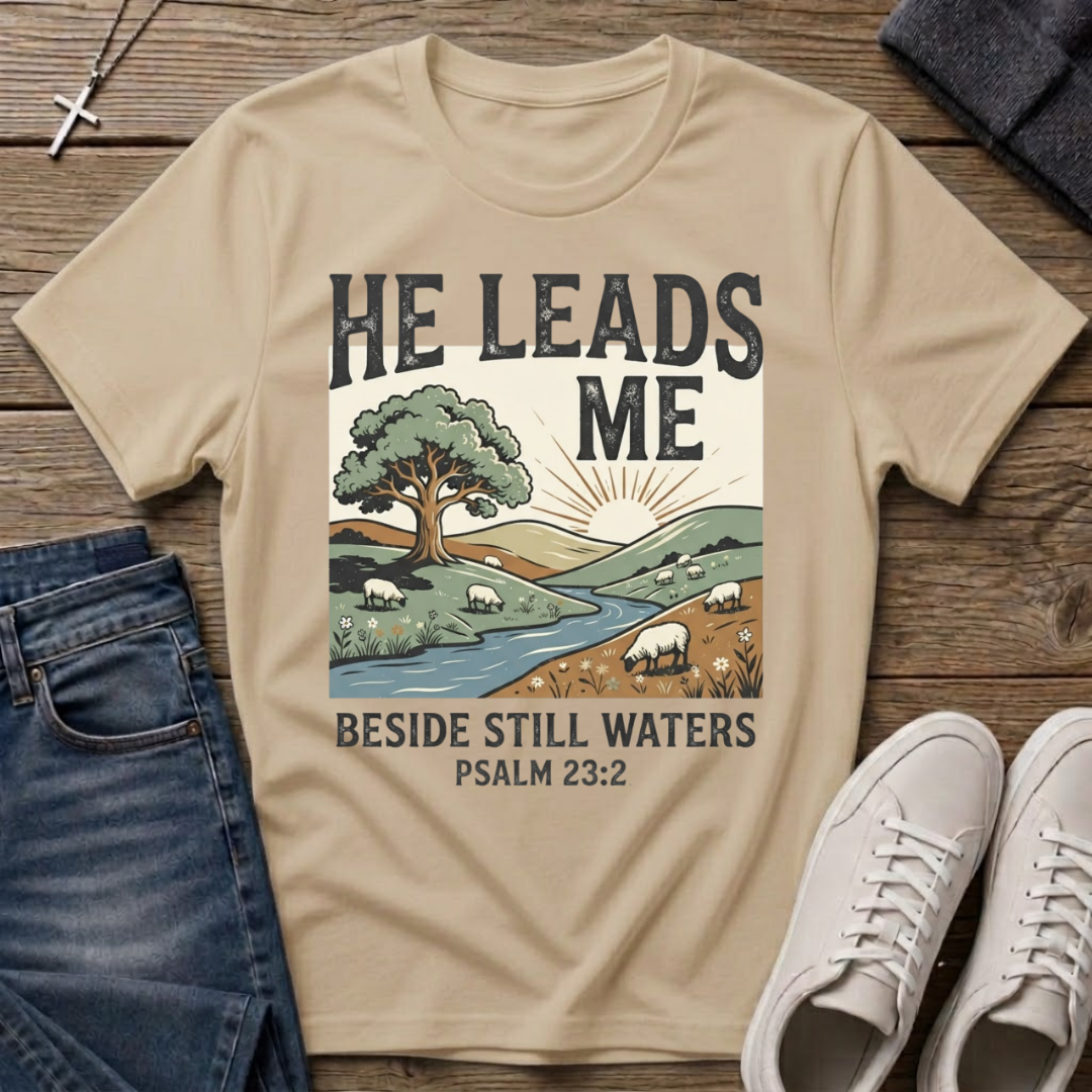 He Leads Me Psalm 23:2 T-Shirt