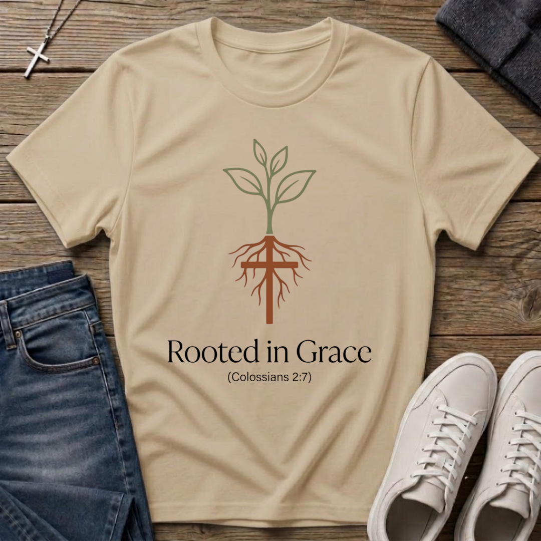 Rooted in Grace Colossians 2:7 Christian T-Shirt