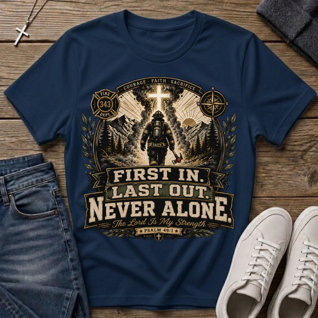 First In Last Out Never Alone Christian Firefighter T-Shirt