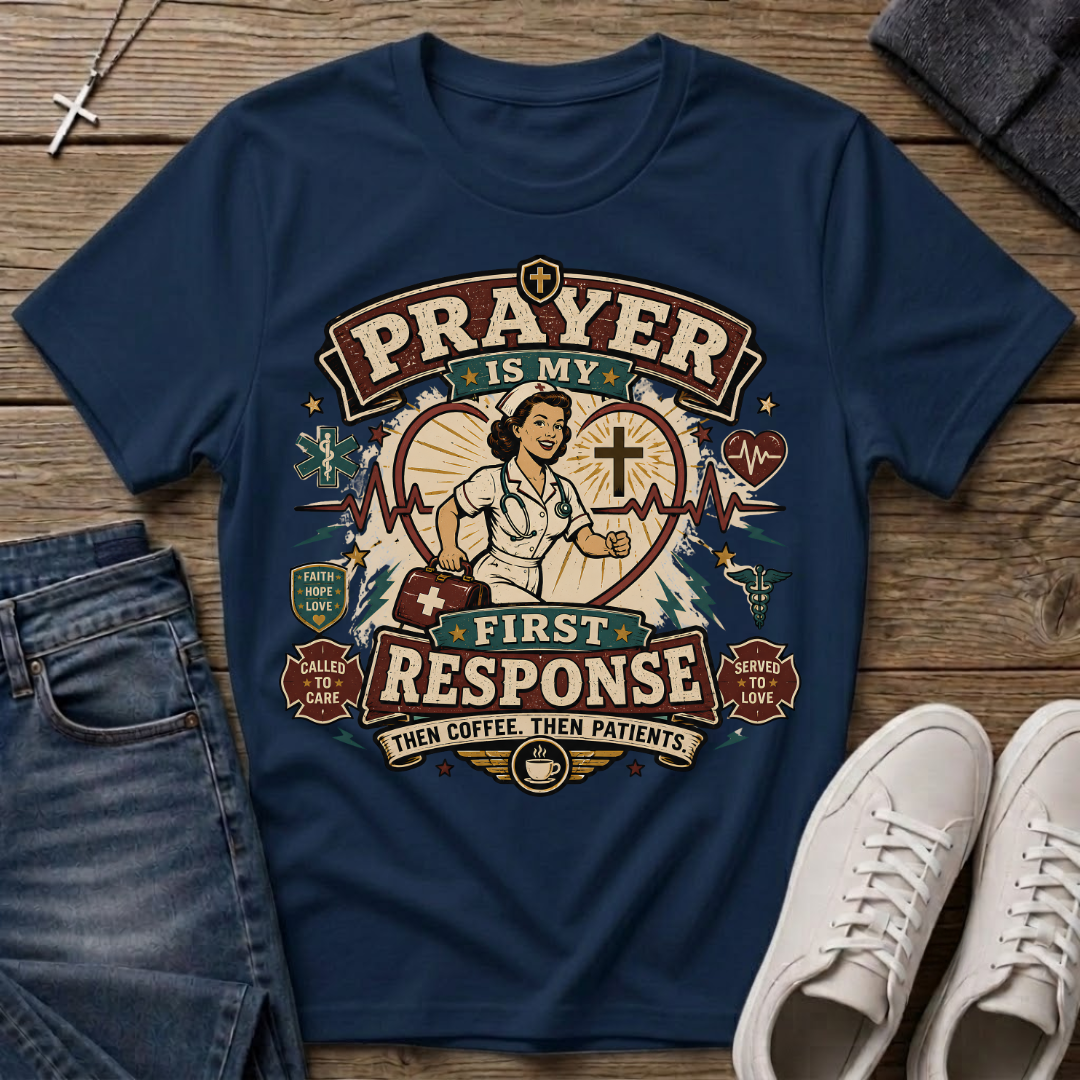 Prayer Is My First Response Christian Nurse T-Shirt