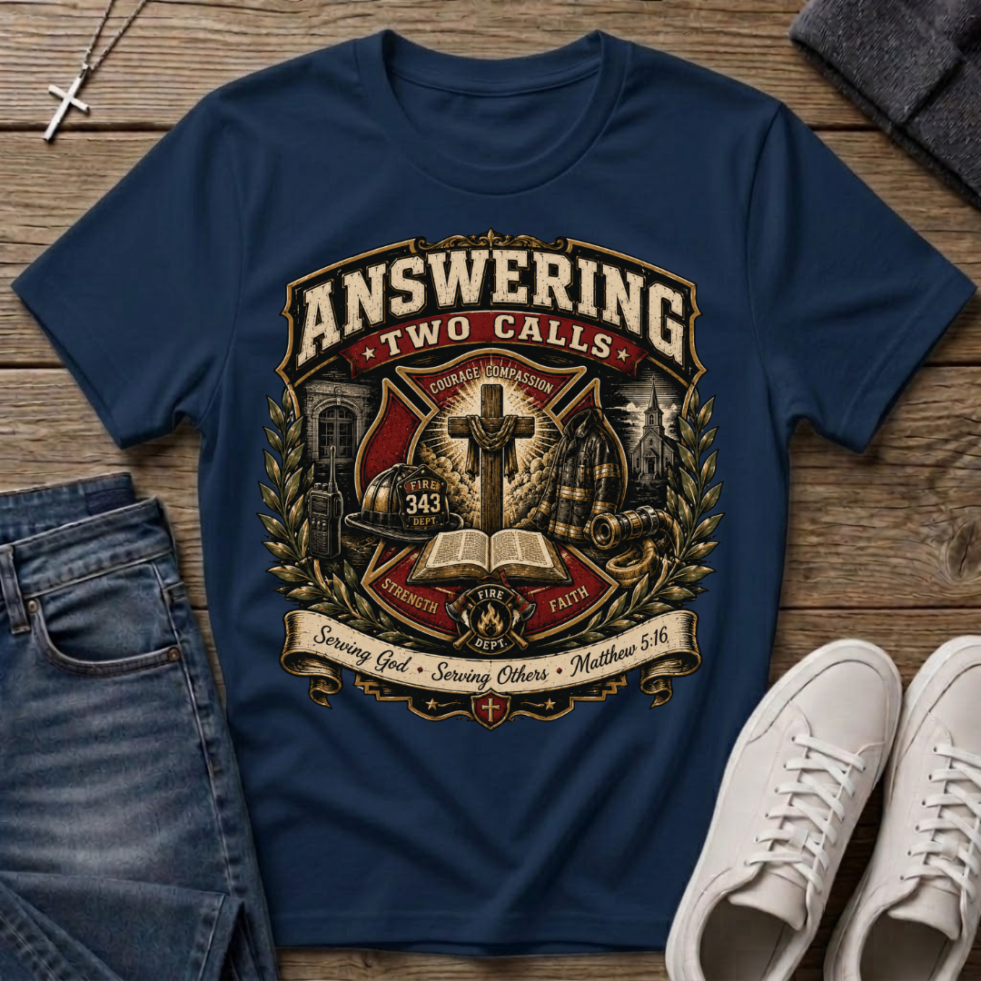 Answering Two Calls Matthew 5:16 Firefighter T-Shirt
