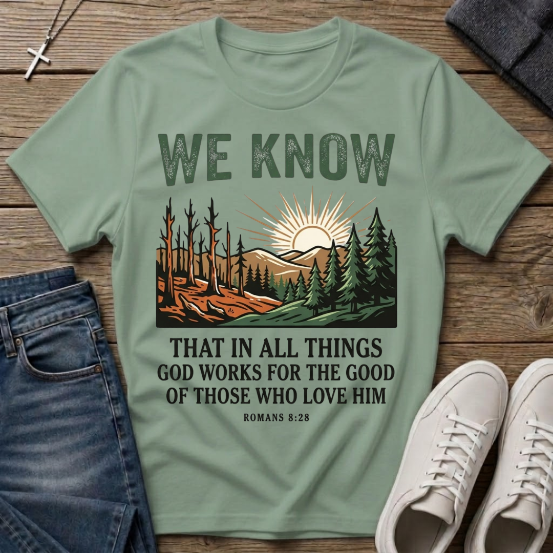 We Know Sunrise Wilderness Romans 8:28 T-Shirt