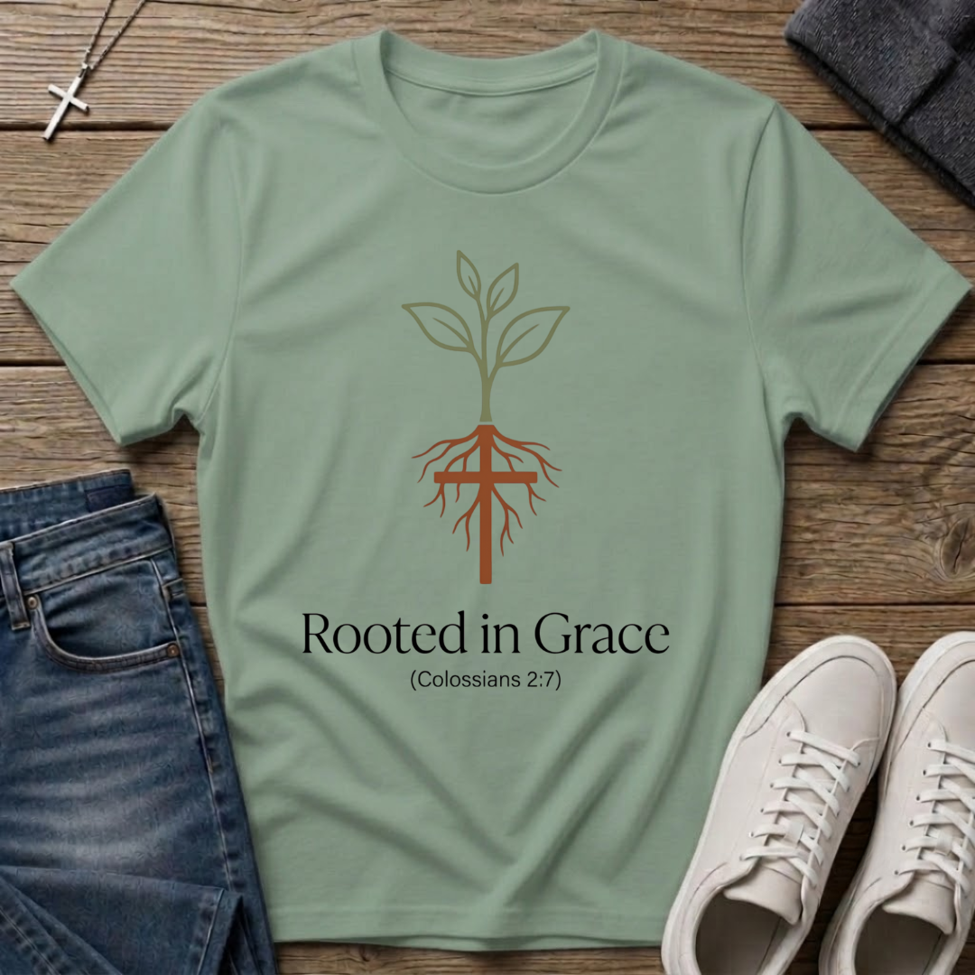 Rooted in Grace Colossians 2:7 Christian T-Shirt