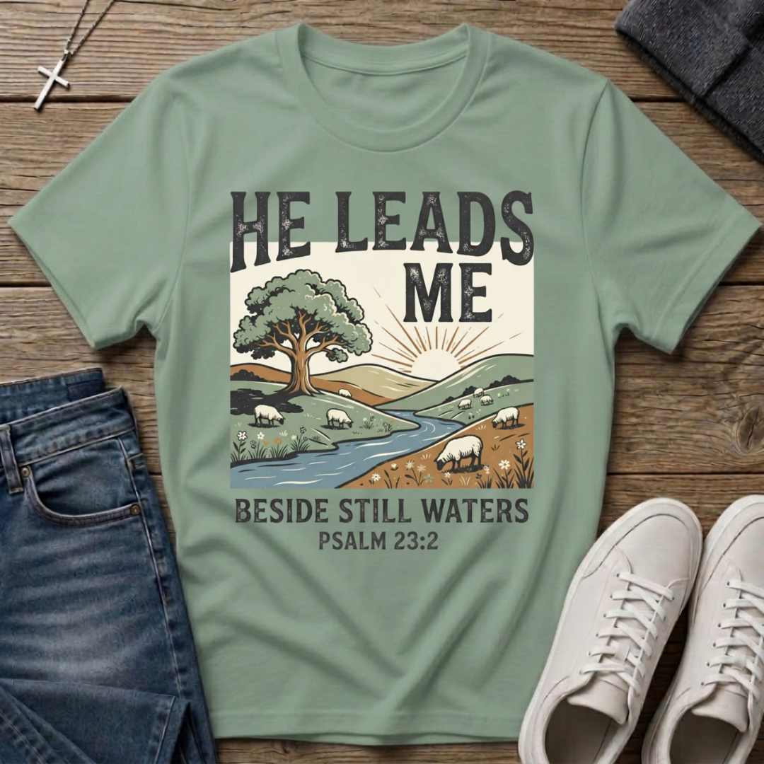 He Leads Me Psalm 23:2 T-Shirt