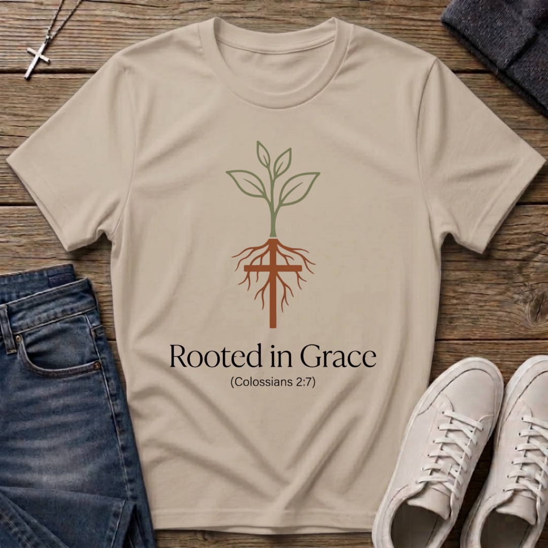 Rooted in Grace Colossians 2:7 Christian T-Shirt
