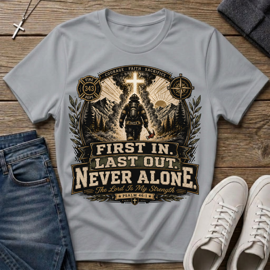 First In Last Out Never Alone Christian Firefighter T-Shirt