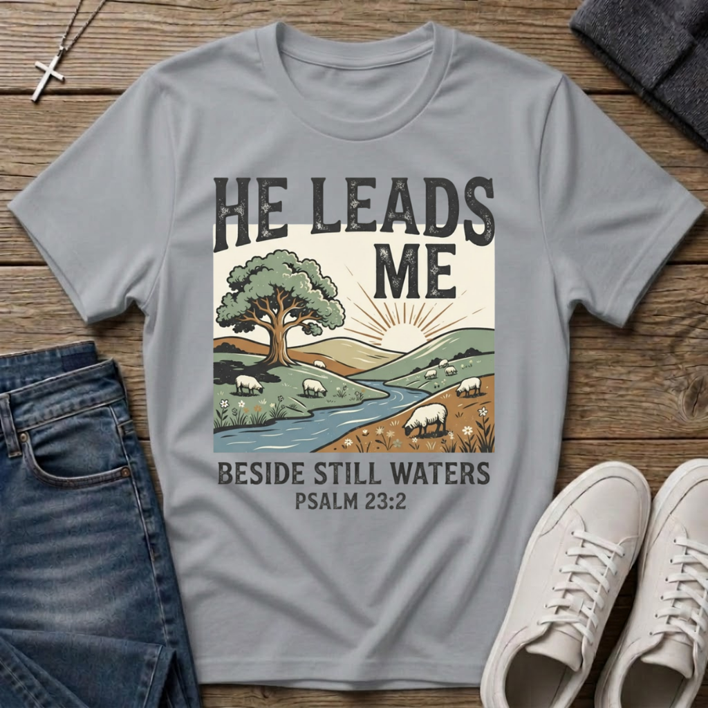 He Leads Me Psalm 23:2 T-Shirt