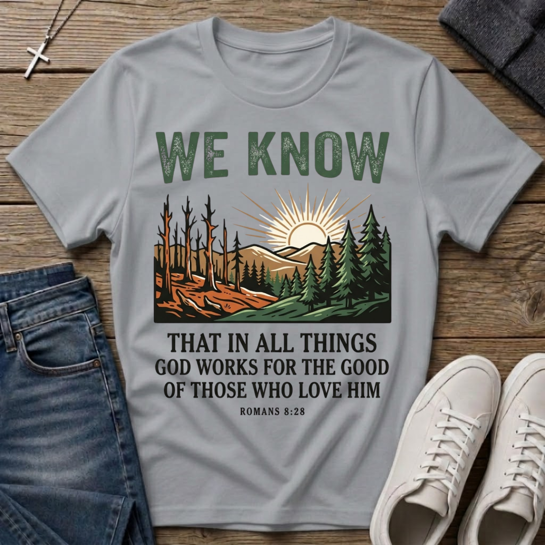 We Know Sunrise Wilderness Romans 8:28 T-Shirt