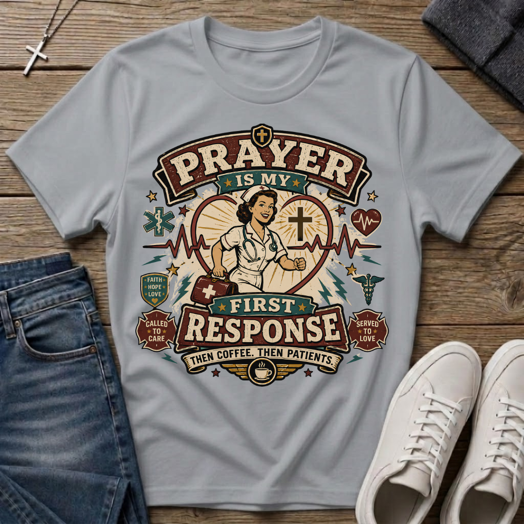 Prayer Is My First Response Christian Nurse T-Shirt