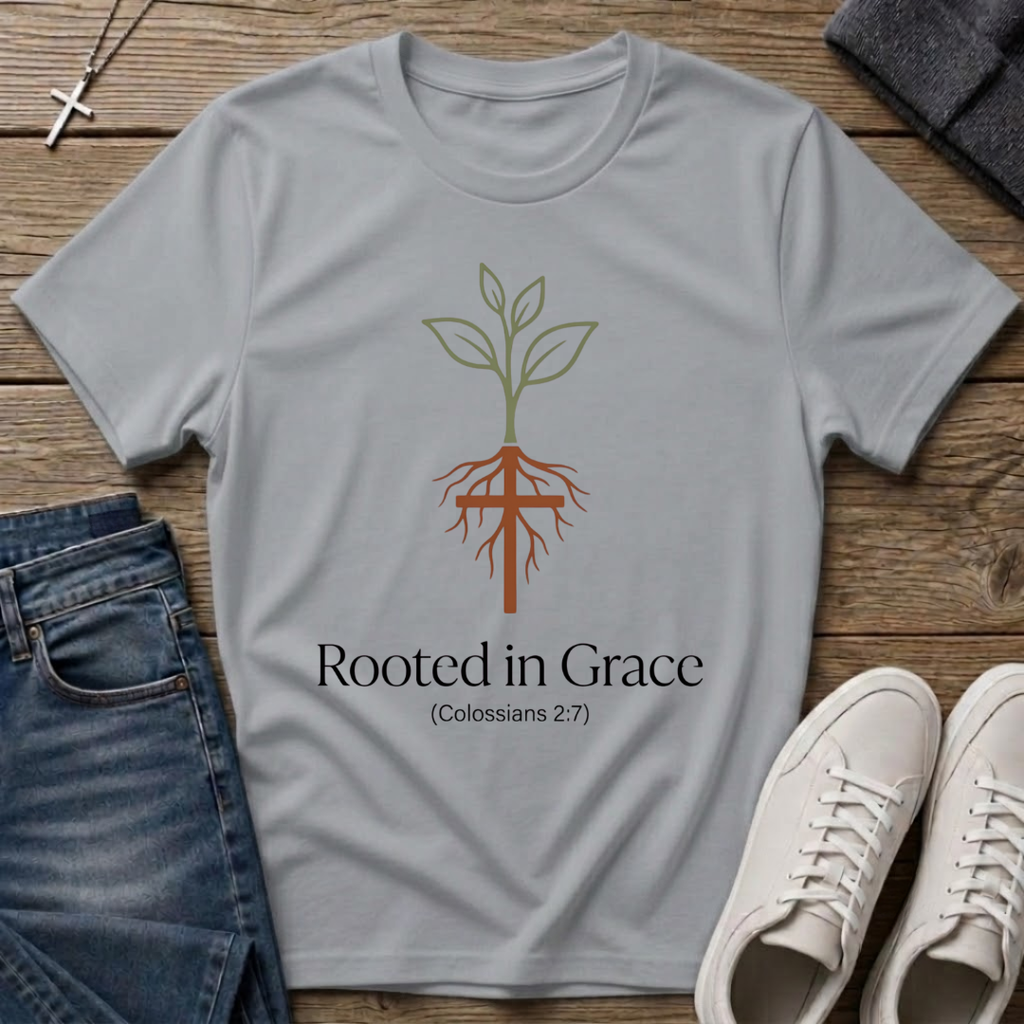 Rooted in Grace Colossians 2:7 Christian T-Shirt