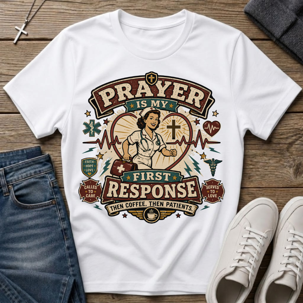 Prayer Is My First Response Christian Nurse T-Shirt