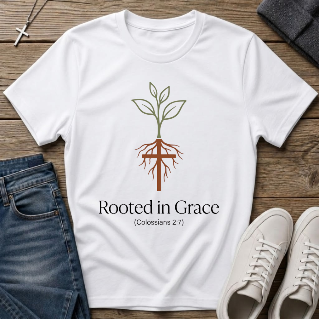 Rooted in Grace Colossians 2:7 Christian T-Shirt