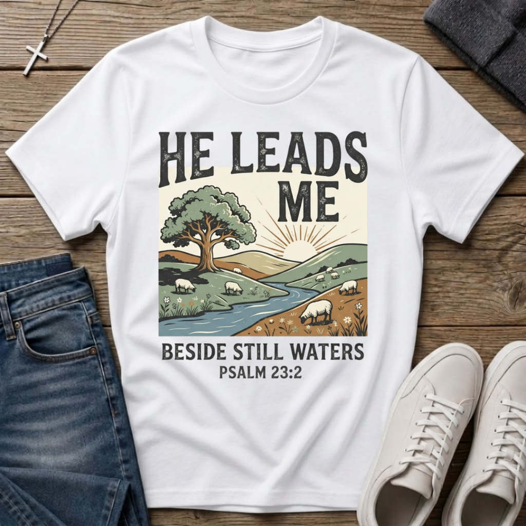 He Leads Me Psalm 23:2 T-Shirt