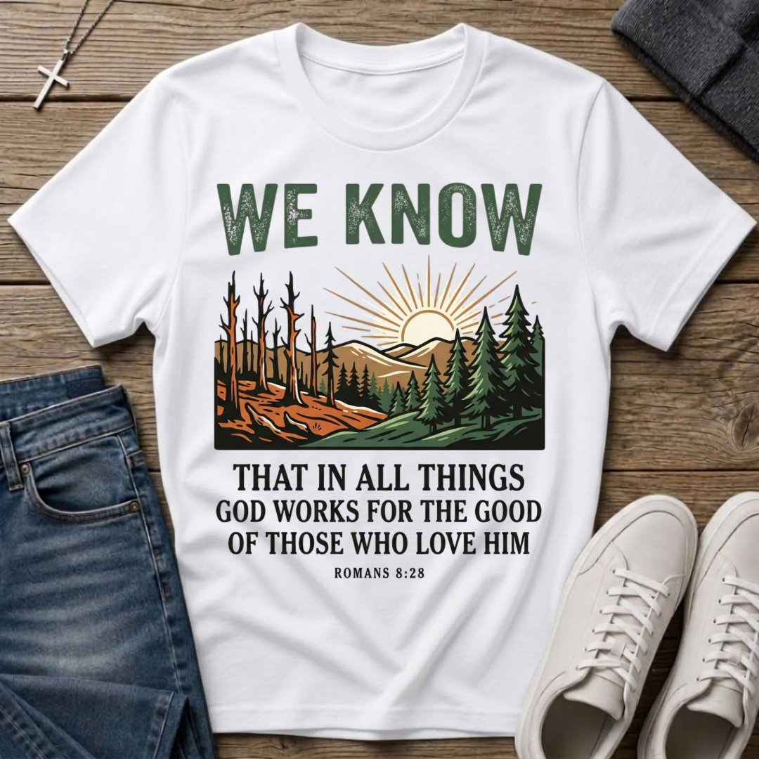 We Know Sunrise Wilderness Romans 8:28 T-Shirt